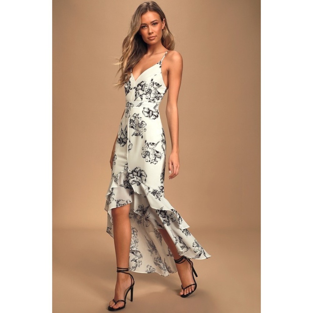 Lulus Darling Daylily Black And White Floral Print High-low Maxi Dress - Size M